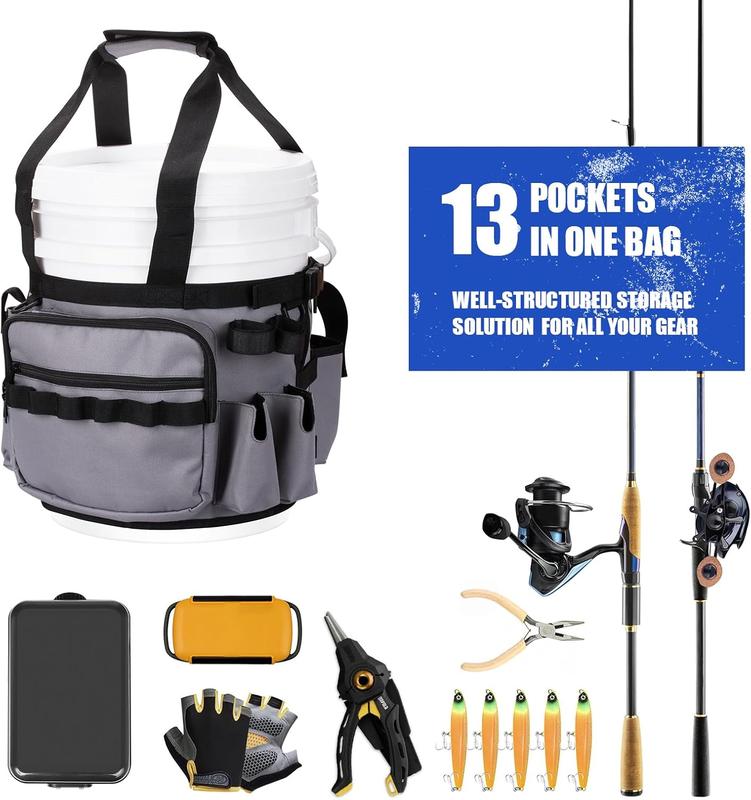 Fishing Bucket Organizer for 5 Gallon Bucket, Fishing Bucket Rod Holder Tool Organizer, Bucket Organizer with Adjustable Buckle & Multi-Pockets for Fishing Gear