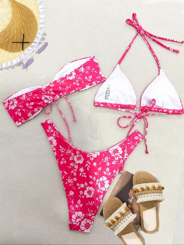 Three-Piece Set Women's Floral Print Tie Front Bandeau Top & Tie Back Triangle Top & High Cut Bottom Bikinis Set, Fashion Chic Swimwear for Beach Holiday Vacation, Summer Outfits, Ladies Summer Clothes