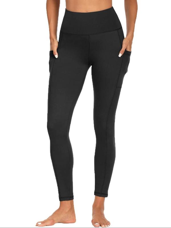 Women's Solid High Waist Pocket Sports Leggings, Casual Comfy Breathable Skinny Pants for Yoga Gym Workout Running, Ladies Sportswear for All Seasons