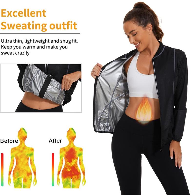 Women's Sauna Suit for Intense Sweat,Zippered with Silver Detail, Sweat-Maximizing Material, Precision Craftsmanship, Elastic Wrists and Neck, and Striking Grey Contrast Lines for Unmatched Fitness Experience