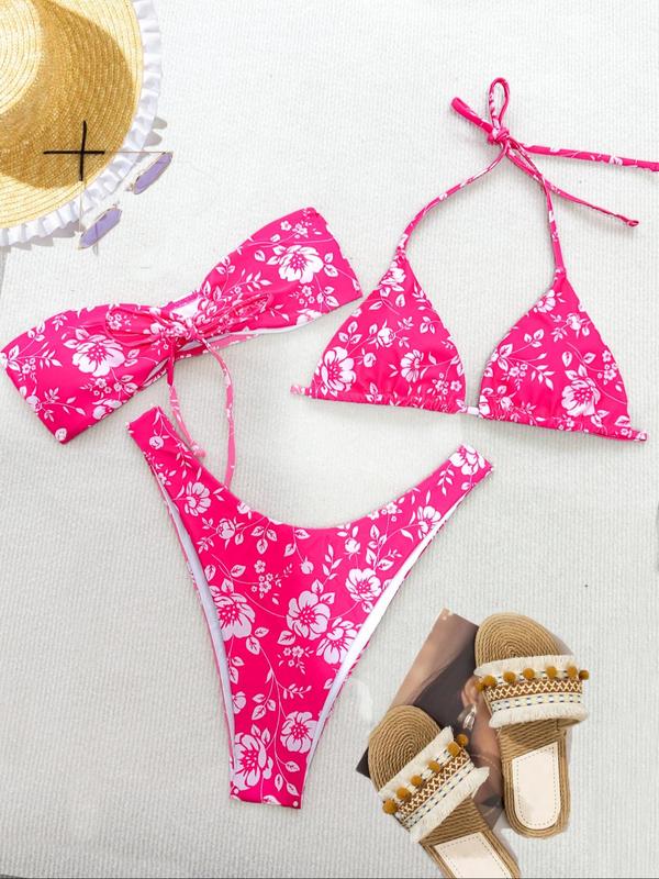 Three-Piece Set Women's Floral Print Tie Front Bandeau Top & Tie Back Triangle Top & High Cut Bottom Bikinis Set, Fashion Chic Swimwear for Beach Holiday Vacation, Summer Outfits, Ladies Summer Clothes