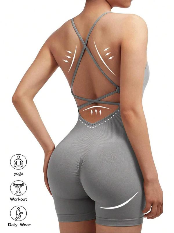 Women's Solid Criss Cross Backless Ruched Sports Cami Jumpsuit, Sporty Solid Shapewear Bodysuit for Yoga Gym Workout Running, Women Sport & Outdoor Clothing for Summer