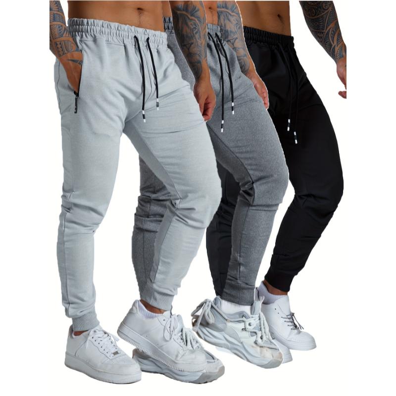 3PCS Zipper Pockets Men's Sweatpants, Tapered Joggers for Athletic Workout, Jogging, Running