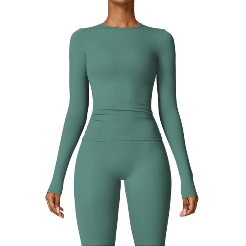 2Pcs Plain Sporty Set, Round Neck Long Sleeves Top & High Waist Running Pant Sports Suit, Women's Activewear