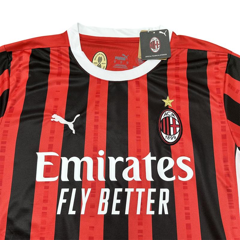 Puma 2425 Serie A AC Milan Home Short Sleeve Red and Black Striped Top Soccer Jerseys Quick Drying