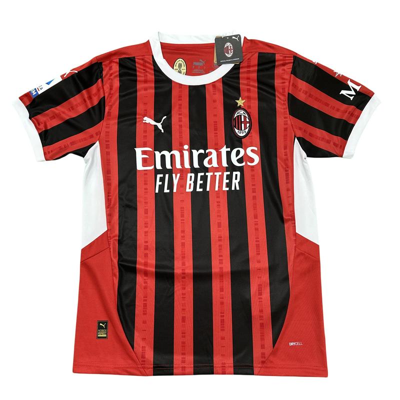 Puma 2425 Serie A AC Milan Home Short Sleeve Red and Black Striped Top Soccer Jerseys Quick Drying