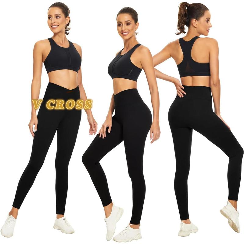 V Cross Waist Leggings for Women-Tummy Control Workout Running Non See Through Gym Athletic Yoga Pants