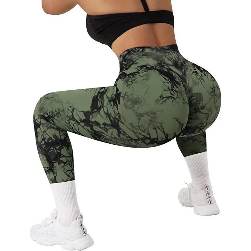 Seamless V Waist Leggings Women Tie Dye Slim Tights Stretchy High Waist Running Cycling Sexy Hip Liftting Yoga Fitness Pants Camo Print