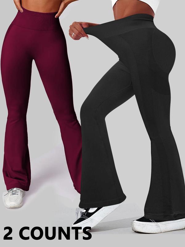 Women's Solid Ruched High Waist Sports Flare Leg Leggings, Casual Comfy Breathable Tummy Control Yoga Pants, Ladies Sportswear for Indoor Outdoor Wear