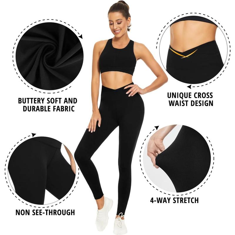 V Cross Waist Leggings for Women-Tummy Control Workout Running Non See Through Gym Athletic Yoga Pants