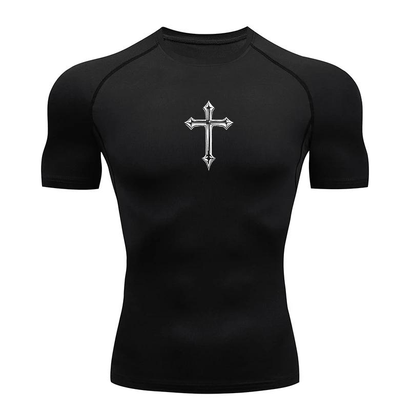 Men Jogging T-shirt Christian Cross Print Compression Shirt for Men Outdoor Athletic Tshirt Tops Gym Workout Running Baselayers Undershirts Sportswear