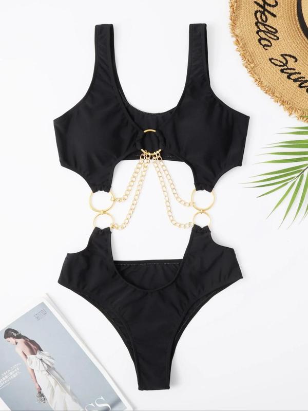 Women's Chain Linked Cut Out One-piece Swimsuit, O-ring Monokini Bathing Suit, Women's Summer Beach Vacation Swimwear