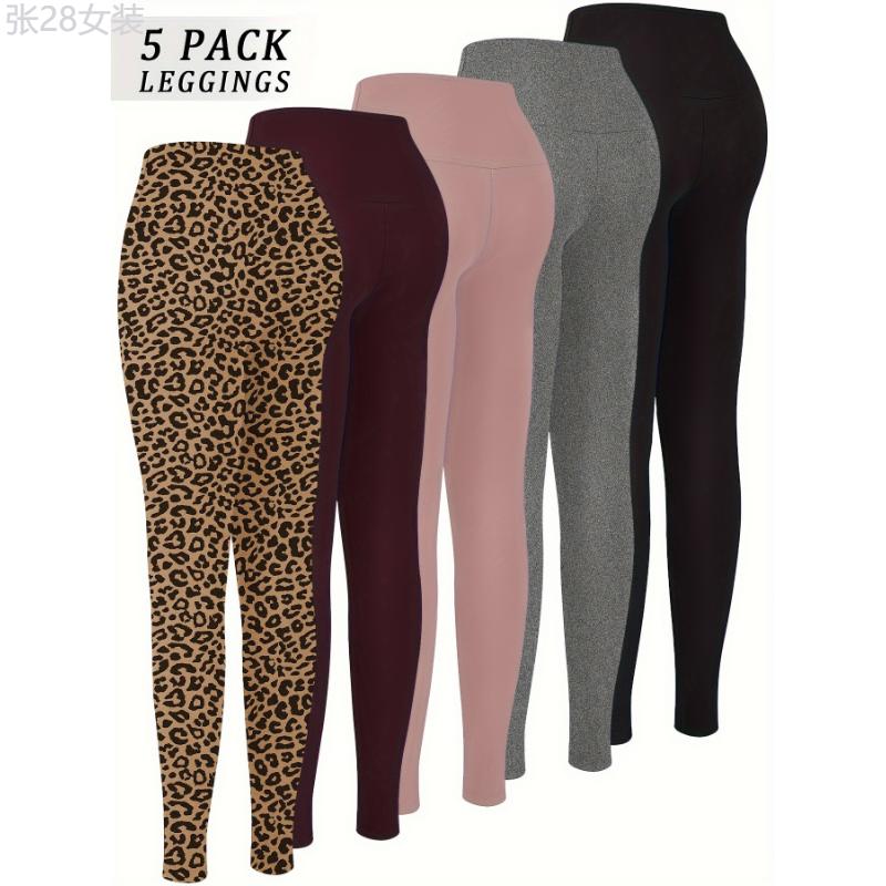 5 Pack Super Soft Leggings for Women: High Waisted, Tummy Control, No See Through, Workout, Yoga, Running Pants - Long Leggings - Adult Size - Stretchy Fabric - Solid Color - Tight Fit - Suitable for All Seasons