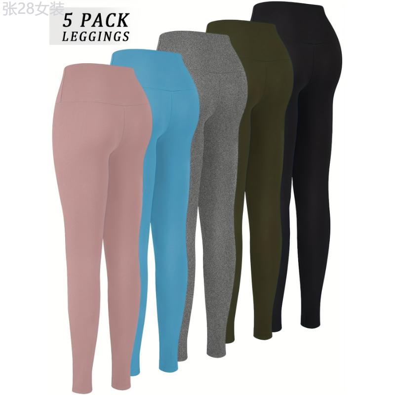 5 Pack Super Soft Leggings for Women: High Waisted, Tummy Control, No See Through, Workout, Yoga, Running Pants - Long Leggings - Adult Size - Stretchy Fabric - Solid Color - Tight Fit - Suitable for All Seasons