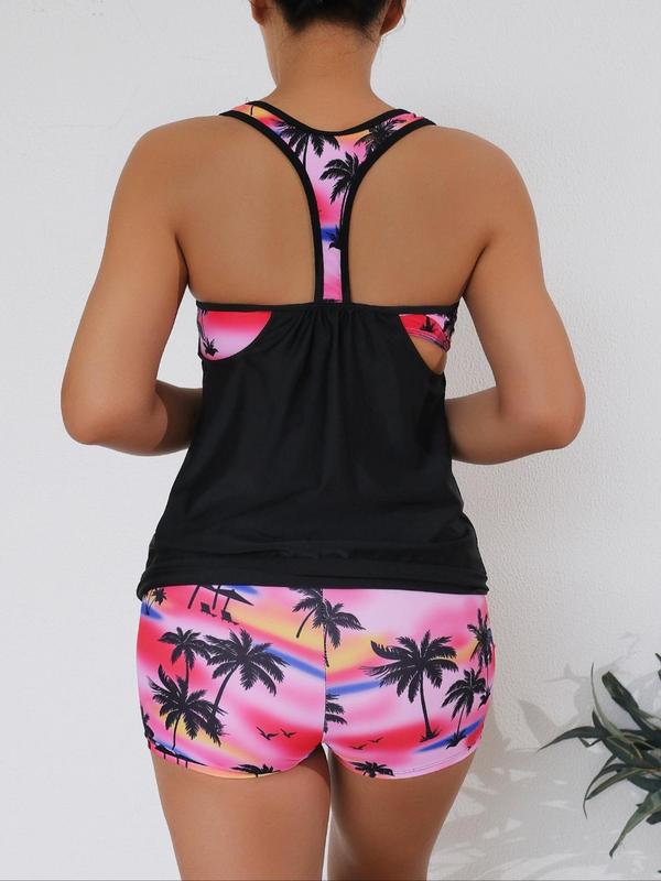 Two-Piece Set Women's Ruched Sleeveless Tankini Set, Boho Casual Floral Print Swim Top & High Waist Swim Shorts, Bathing Suits Women, Ladies Summer Swimsuit for Beach Holiday Vacation