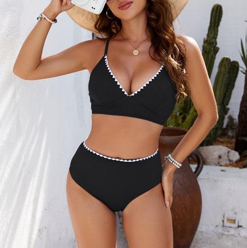 Blooming Jelly Color Block Ribbed Lace Up Back Womens High Waisted Two Piece Bikini Sets Swimsuits