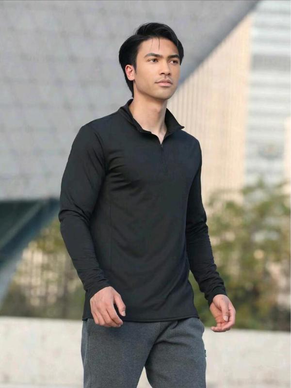 Men's Solid Half Zip Up Mock Neck Sports Tee, Quick Drying Breathable Long Sleeve Skinny T-shirt for Outdoor Running, Men's Sportswear for All Seasons