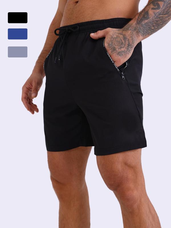 Men's Plain Letter Zipper Pocket Drawstring Waist Sports Shorts, Gym Shorts, Casual Elastic Waist Sporty Shorts, Men Sport & Outdoor Clothing