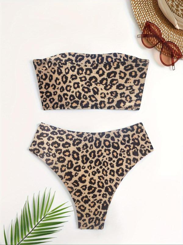 Women's Leopard Print Bandeau Top & High Cut Swim Bottom Bikini Set, Casual Strapless Top & High Waist Swim Bottom Two-piece Swimsuit, Ladies Swimwear for Summer Beach