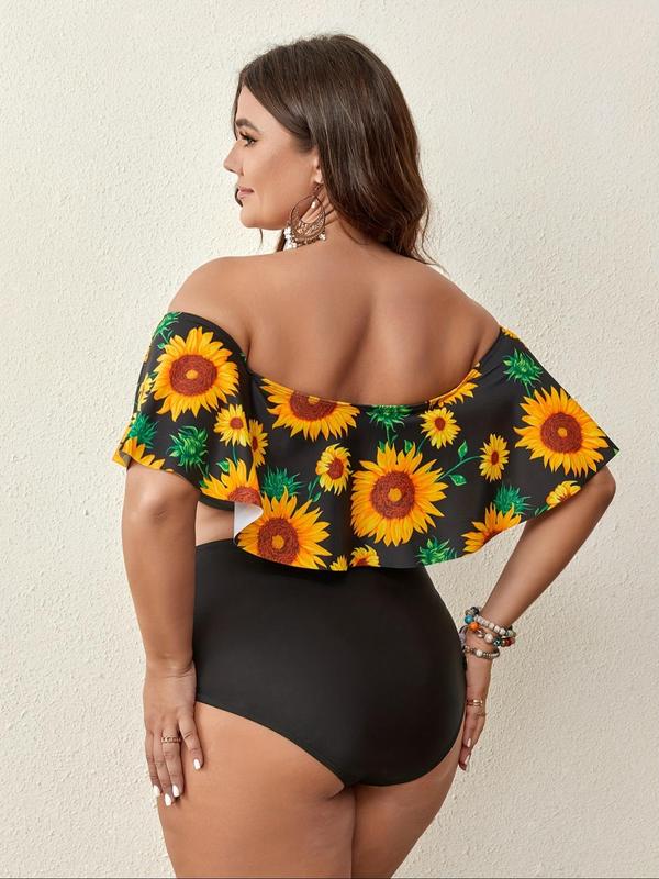 Plus Size Floral Print Off Shoulder Tankini Set, Boho Ruffle Sleeve Swim Top & Swim Bottom Two-piece Swimsuit for Summer, Women's Swimwear for Beach Holiday Vacation