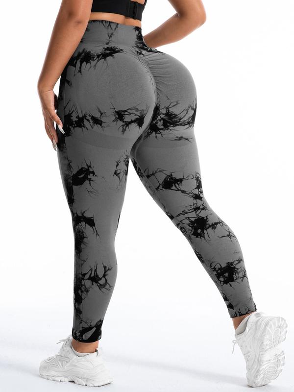 Plus Size Tie Dye Ruched Sports Tummy Control Leggings, High Stretch Yoga Leggings, Ladies Sportswear for Indoor Outdoor Wear, Fall Outfits 2024