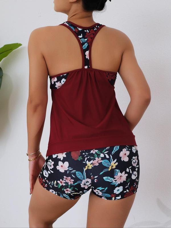 Two-Piece Set Women's Ruched Sleeveless Tankini Set, Boho Casual Floral Print Swim Top & High Waist Swim Shorts, Bathing Suits Women, Ladies Summer Swimsuit for Beach Holiday Vacation