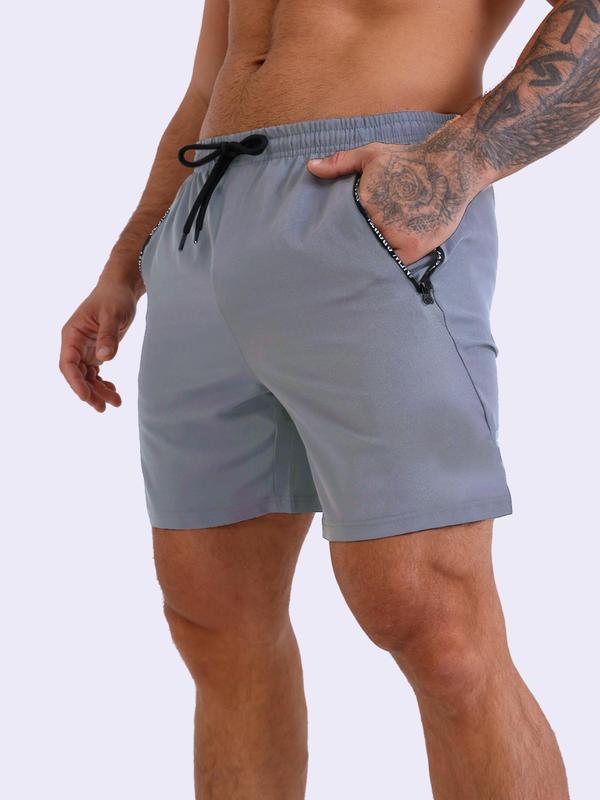 Men's Plain Letter Zipper Pocket Drawstring Waist Sports Shorts, Gym Shorts, Casual Elastic Waist Sporty Shorts, Men Sport & Outdoor Clothing