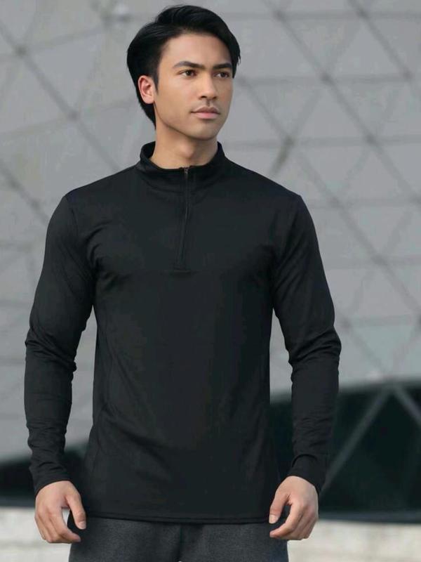 Men's Solid Half Zip Up Mock Neck Sports Tee, Quick Drying Breathable Long Sleeve Skinny T-shirt for Outdoor Running, Men's Sportswear for All Seasons