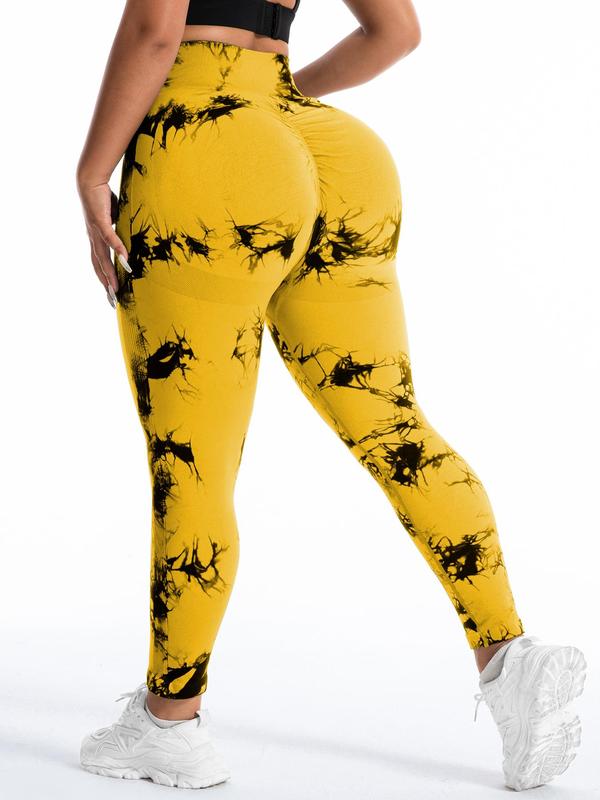 Plus Size Tie Dye Ruched Sports Tummy Control Leggings, High Stretch Yoga Leggings, Ladies Sportswear for Indoor Outdoor Wear, Fall Outfits 2024