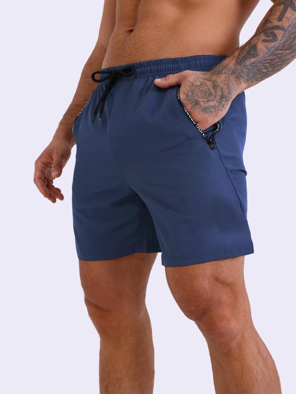 Men's Plain Letter Zipper Pocket Drawstring Waist Sports Shorts, Gym Shorts, Casual Elastic Waist Sporty Shorts, Men Sport & Outdoor Clothing