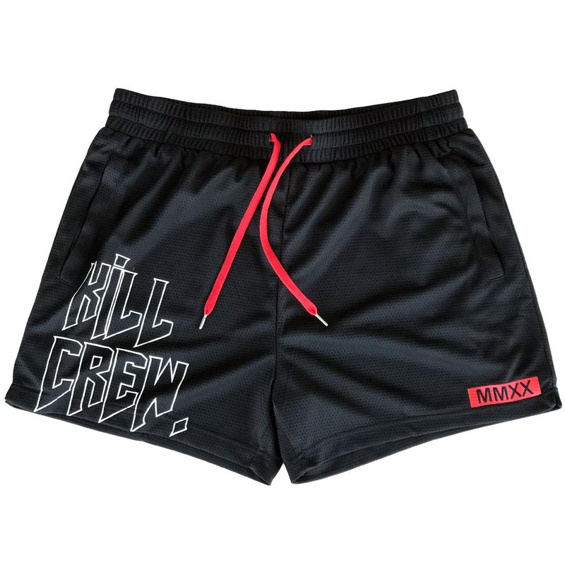 [Kill Crew] Muay Thai Shorts Logo - Black, Unisex, Mid Thigh Cut, Pockets, Gym Shorts, Elastic Waistband, Long drawcord with wax tips