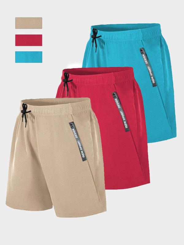 Men's Plain Letter Zipper Pocket Drawstring Waist Sports Shorts, Gym Shorts, Casual Elastic Waist Sporty Shorts, Men Sport & Outdoor Clothing