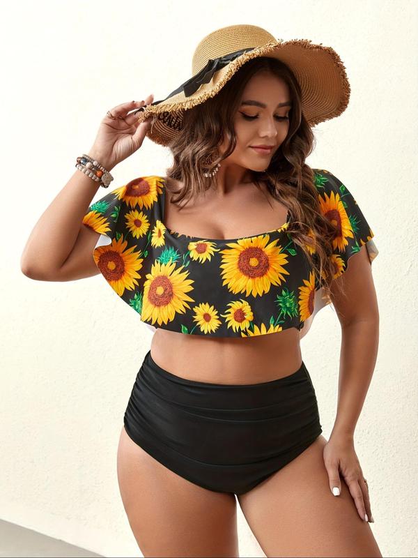 Plus Size Floral Print Off Shoulder Tankini Set, Boho Ruffle Sleeve Swim Top & Swim Bottom Two-piece Swimsuit for Summer, Women's Swimwear for Beach Holiday Vacation