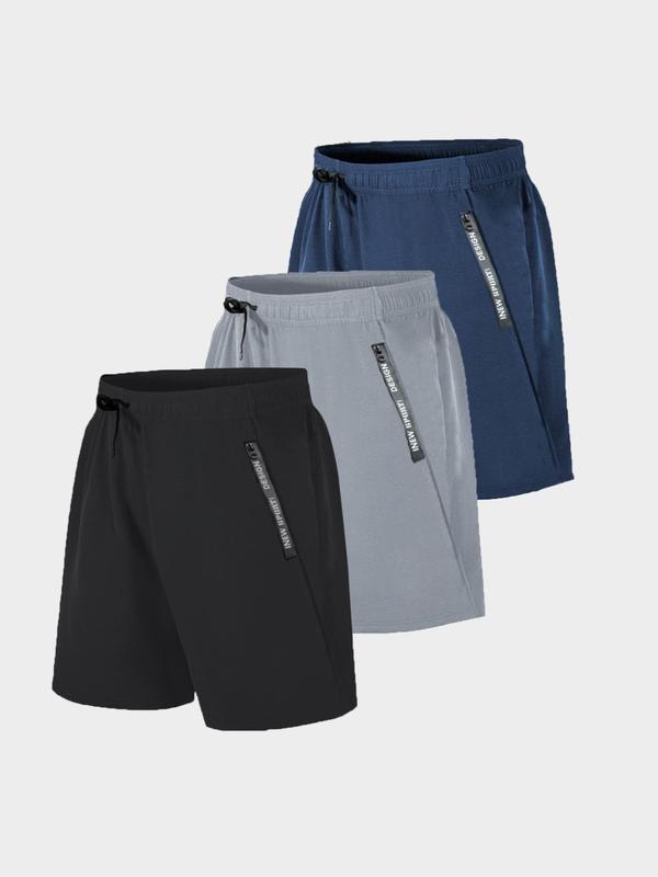 Men's Plain Letter Zipper Pocket Drawstring Waist Sports Shorts, Gym Shorts, Casual Elastic Waist Sporty Shorts, Men Sport & Outdoor Clothing