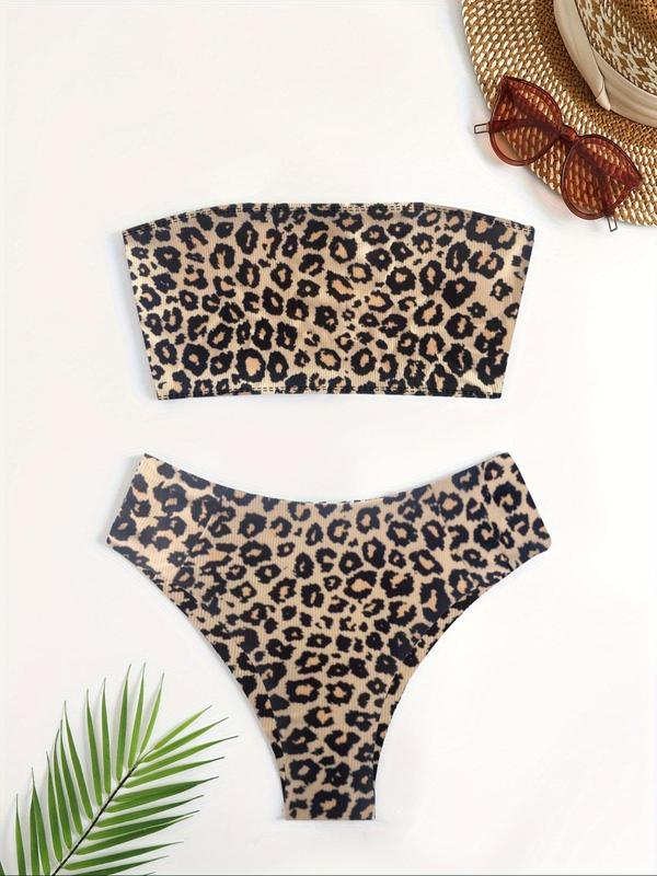 Women's Leopard Print Bandeau Top & High Cut Swim Bottom Bikini Set, Casual Strapless Top & High Waist Swim Bottom Two-piece Swimsuit, Ladies Swimwear for Summer Beach