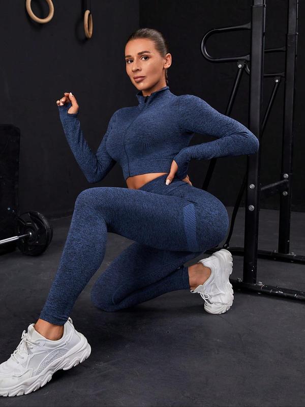 Women's Solid Zip Up Thumb Hole Crop Jacket & High Waist Leggings Tracksuit Set, Sporty Breathable Comfy Outfits for Yoga Gym Workout Running, Ladies Sportswear for All Seasons