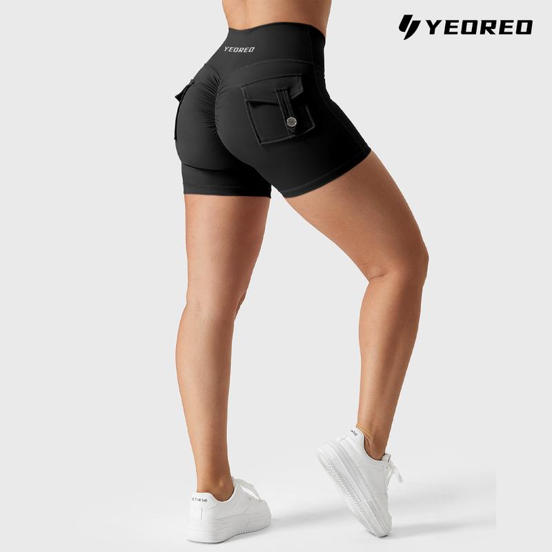 YEOREO Scrunch Workout Shorts with Pockets Charm Gym Biker Shorts for Women High Waisted Yoga Booty Shorts elastic athletic