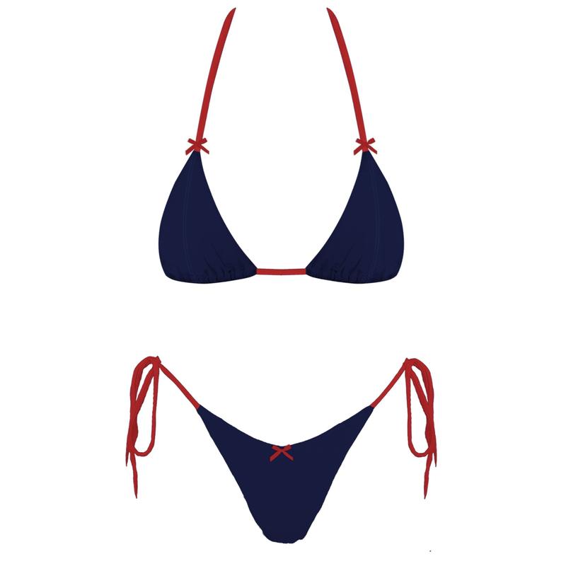 Navy Blue Triangle Bikini Set - Sexy and Stylish Swimwear with Red Accents - Women's Two-Piece Bathing Suit - Perfect for 4th of July