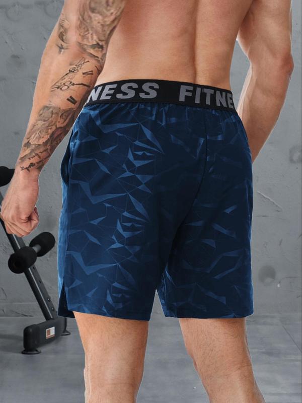 Men's Letter & Geometric Print Elastic Waist Sports Shorts, Gym Shorts, Sporty Regular Fit Split Shorts, Men Sport & Outdoor Clothing for Summer