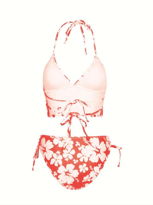 Two-piece Set Women's Floral Print Tie Back Bikinis Set, Summer Outfits 2024, Halter Wireless Swim Top & Drawstring Tie Side Swim Bottom, Two-piece Swimsuit for Summer Beach, Summer Clothes Sets