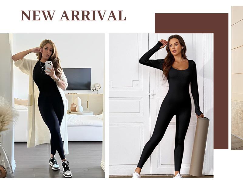 NANKEYSTAR Jumpsuits for Women Yoga Long Sleeve Square Neck Ribbed Workout Sport Bodycon Romper Womenswear Overalls