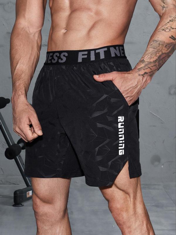 Men's Letter & Geometric Print Elastic Waist Sports Shorts, Gym Shorts, Sporty Regular Fit Split Shorts, Men Sport & Outdoor Clothing for Summer