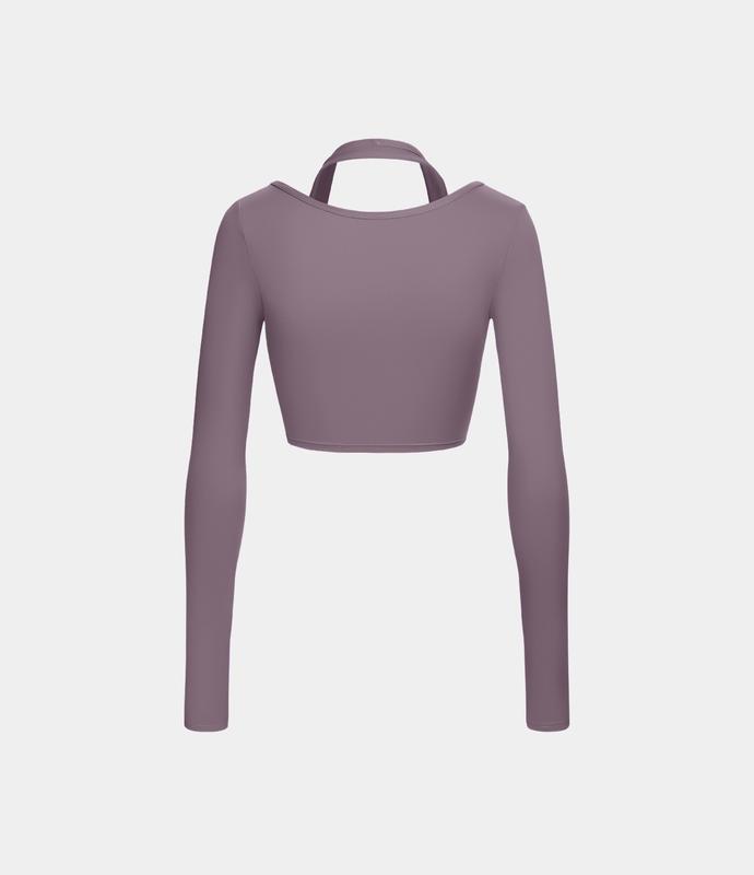 Halara Softlyzero️ plush Halter Thumb Hole Long Sleeve Cropped 2-in-1 Yoga Sports Top