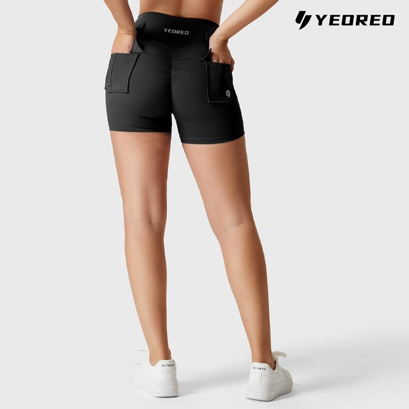 YEOREO Scrunch Workout Shorts with Pockets Charm Gym Biker Shorts for Women High Waisted Yoga Booty Shorts elastic athletic