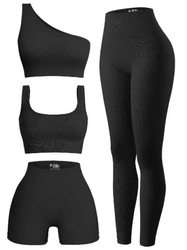 Women's Solid One Shoulder Sports Top & High Waist Shorts & Tank Top & Pants Tracksuit Set, Sporty Comfy Breathable Outfits for Yoga Gym Workout Running, Ladies Sportswear for All Seasons