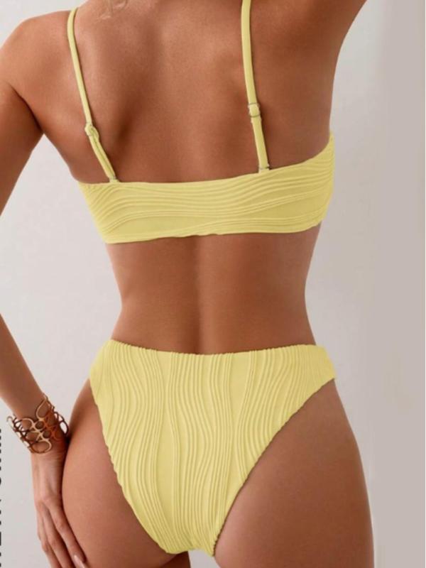 Two-Piece Set Women's Textured Ruched Bikini Set, Solid Adjustable Strap Swim Top & High Cut Swim Bottom, Ladies Swimsuit for Summer Beach Holiday Vacation