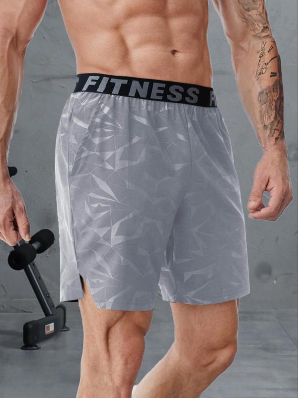 Men's Letter & Geometric Print Elastic Waist Sports Shorts, Gym Shorts, Sporty Regular Fit Split Shorts, Men Sport & Outdoor Clothing for Summer