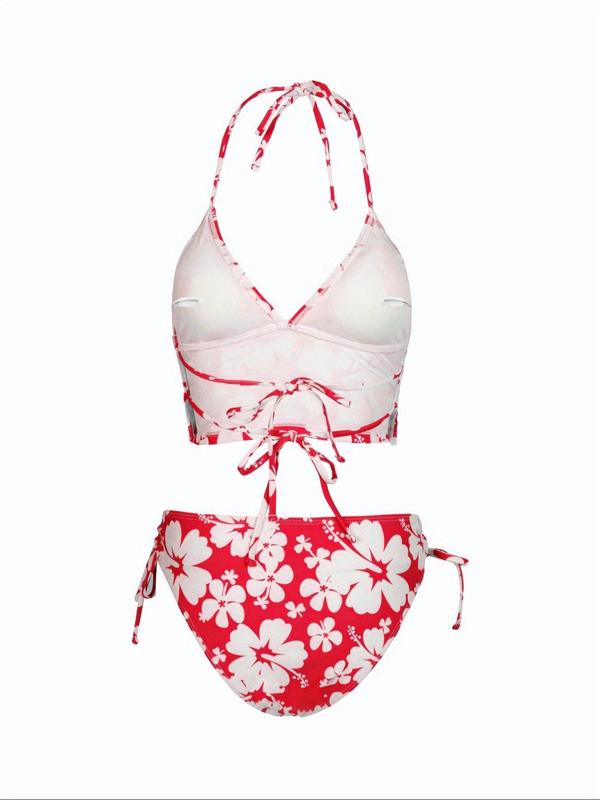 Two-piece Set Women's Floral Print Tie Back Bikinis Set, Summer Outfits 2024, Halter Wireless Swim Top & Drawstring Tie Side Swim Bottom, Two-piece Swimsuit for Summer Beach, Summer Clothes Sets