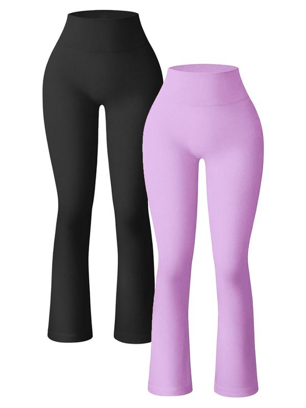 Women's Solid High Waist Sports Flare Leg Pants, Fold Over Flare Pants, Casual Comfy Breathable Seamless Yoga Bell Bottom Trousers for Gym Workout Running, Tummy Control