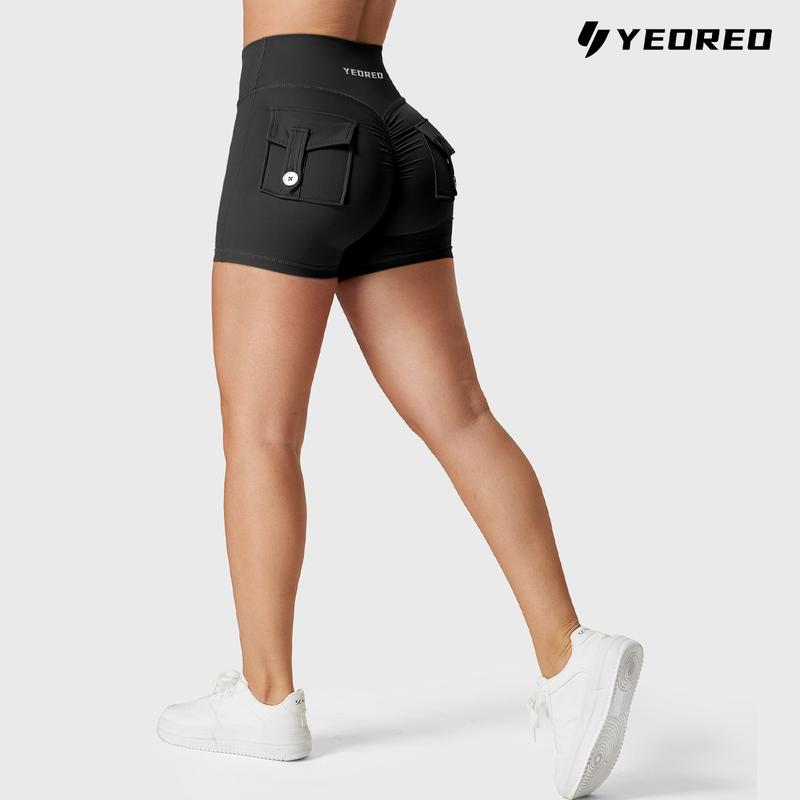 YEOREO Scrunch Workout Shorts with Pockets Charm Gym Biker Shorts for Women High Waisted Yoga Booty Shorts elastic athletic